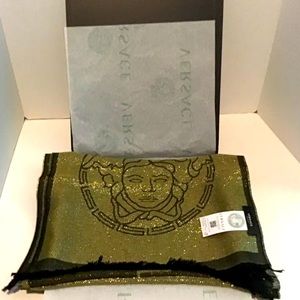 Versace Medusa/Greek Key Logo Wool & Silk Black/Gold Scarf 14.5'' x 70'